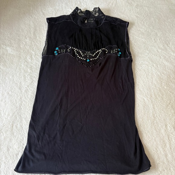 Free People Dresses & Skirts - Free People‎ Rhinestone Cowboy Lace Embellished Top Western Wear Women's L Black